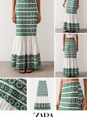 ZARA Green & White Patterned Tiered Maxi Skirt